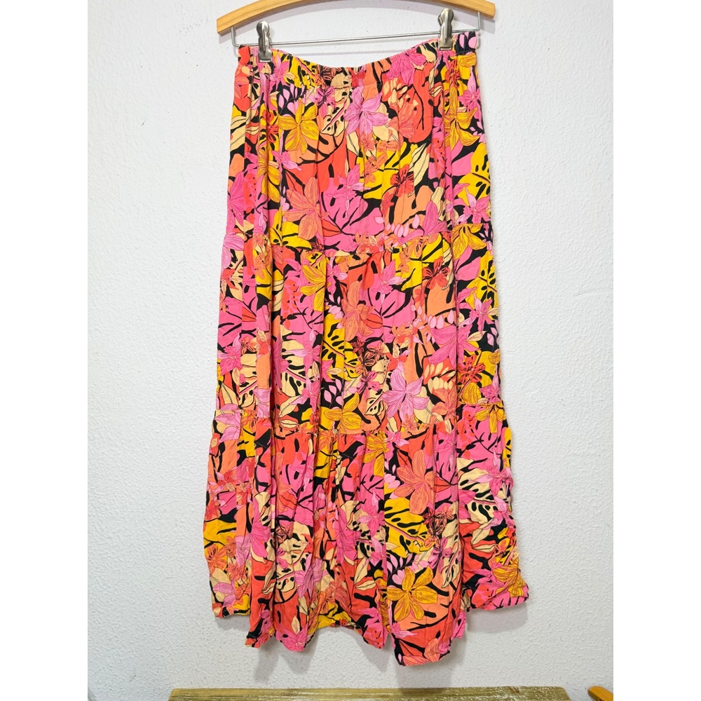 Japna Maxi Skirt Large Pink Floral Tiered Cottagecore Boho Coastal Festival